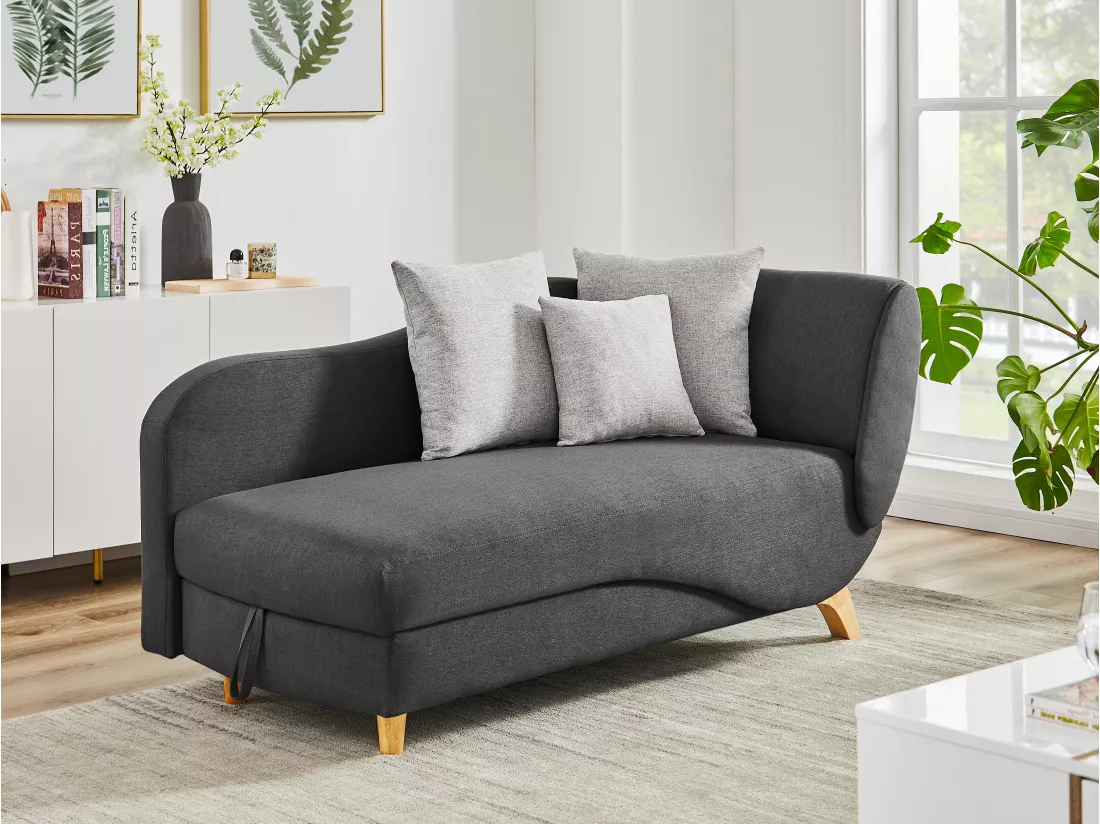 Méridienne gauche convertible en tissu anthracite avec coffre de rangement PENELOPE