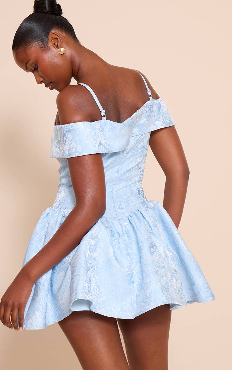 Bleu Clair Robe Droite Bardot En Jacquard