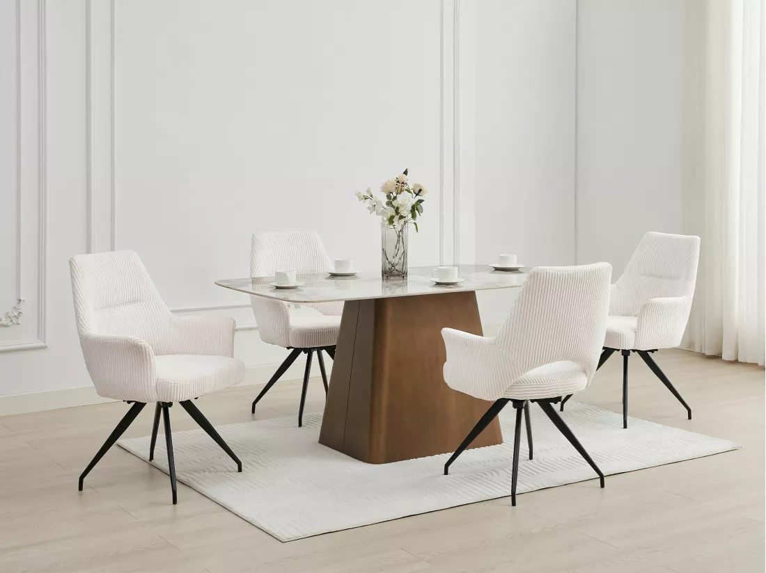 Lot de 2 chaises pivotantes avec accoudoirs en velours côtelé et métal noir - Crème - VASKIA