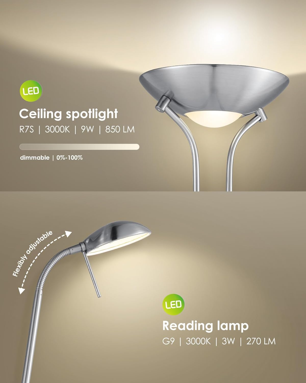 Home Sweet Home Moderner Matt Satiniert LED-Stehleuchte | 50/50/180cm | Retro Stehlampe Dimmbar Mit Leselampe | Inkl. R7s+G9 Lichtquelle | Warmweiß | Deckenfluter Für Wohnzimmer, Schlafzimmer
