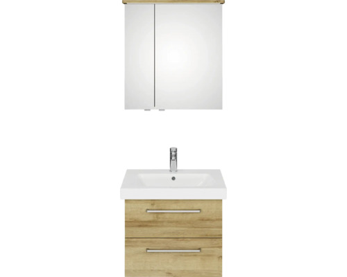 Pelipal Sunline 105 badkamermeubelset (B x H x D 66 x 200 x 46,5 cm), frontkleur: Riviera Oak, met keramische wastafel, badmeubel en spiegelkast met LED-verlichting
