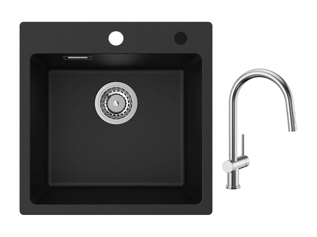 Cecipa max 45x45cm Evier Quartz Noir Evier 1 Bac en Quartz et Résine Evier de Cuisine + Mitigeur de Cuisine avec Douchette Extractible Brossé