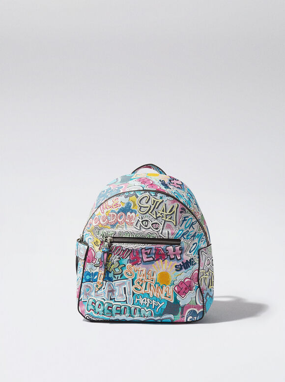 Mochila estampada com porta-celular - Azul