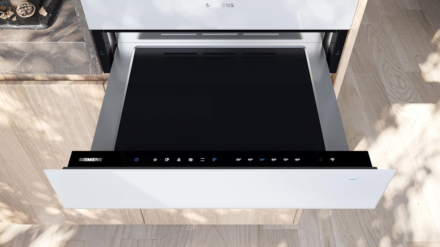 Siemens BI710C1W1 iQ700, Smarte Wärmeschublade, 60 x 14 cm, Weiß, Niedrigtemperaturgaren, Teller vorwärmen, push und pull - Funktion