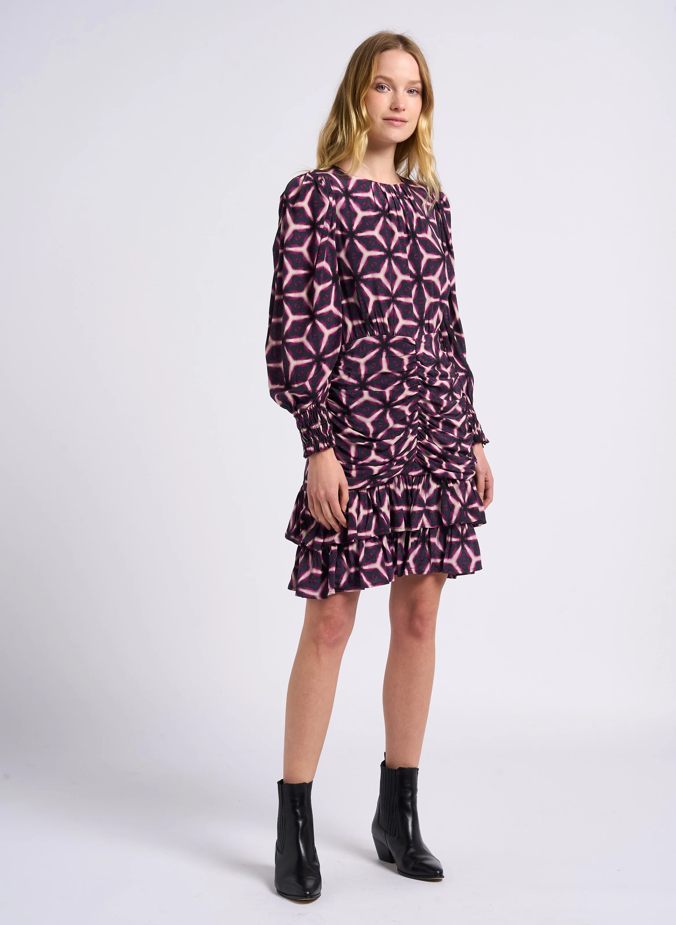 CHAMA - Robe courte col rond imprimée | Violet