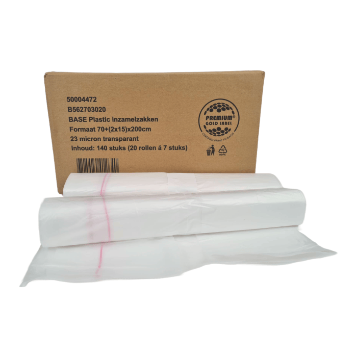 140st Inzamelzakken 400liter MDPE sluitlint 70cm   (inslag 2x15cm) x 200cm 140stuks 23 micron ponsgaten transparant (562703020)