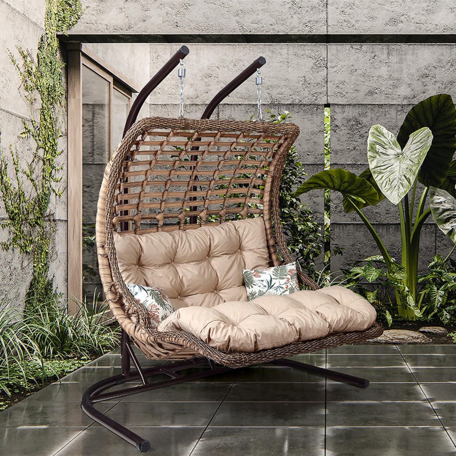 Hängesessel mit Gestell 2 Personen & Kissen Handgeflechtet Hängestuhl Rattan Hängematte Hängekorb Garten Balkonmöbel Hängeschaukel Bodrum Double (Hellbraun)