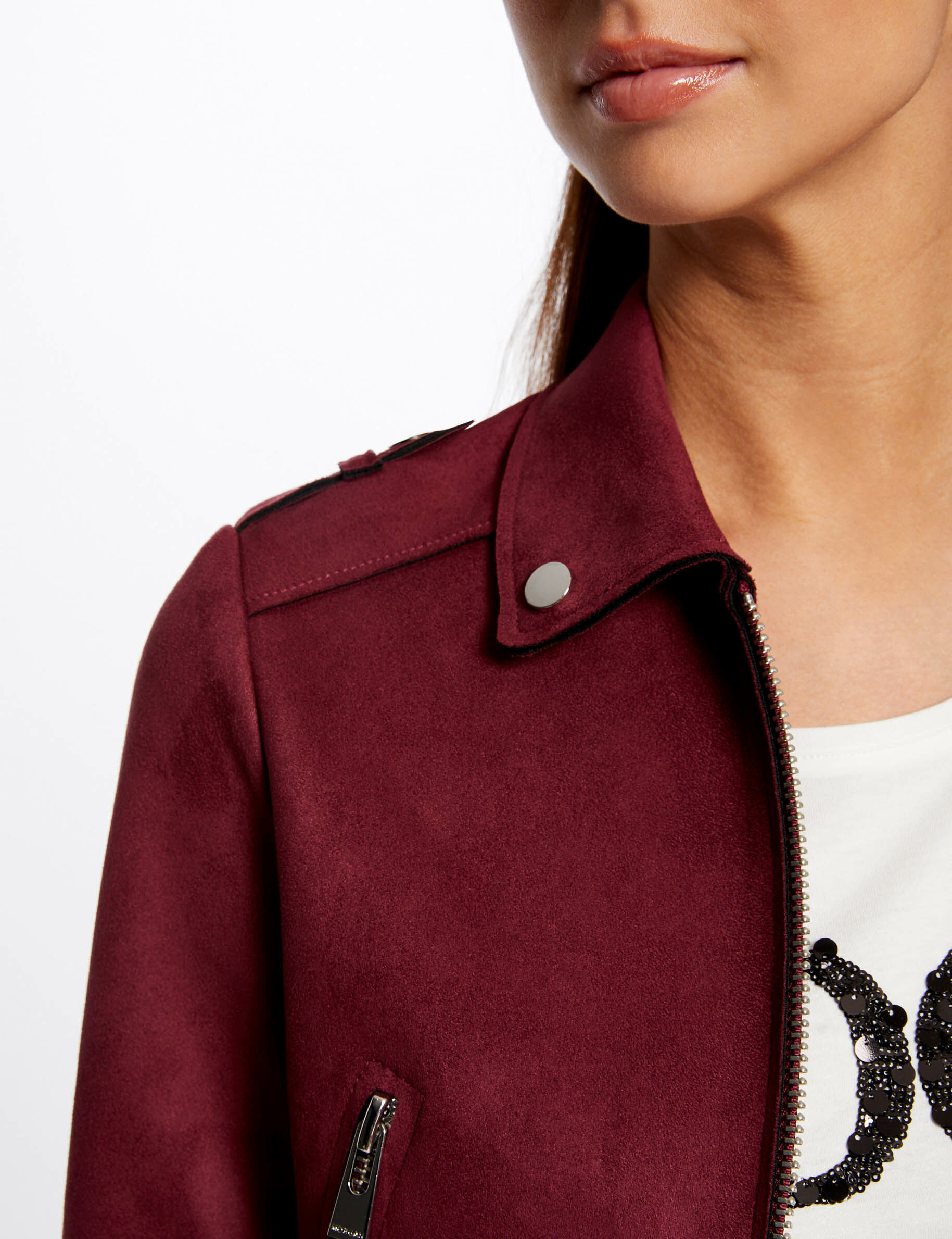 Blouson droit aspect suédine bordeaux femme - bordeaux