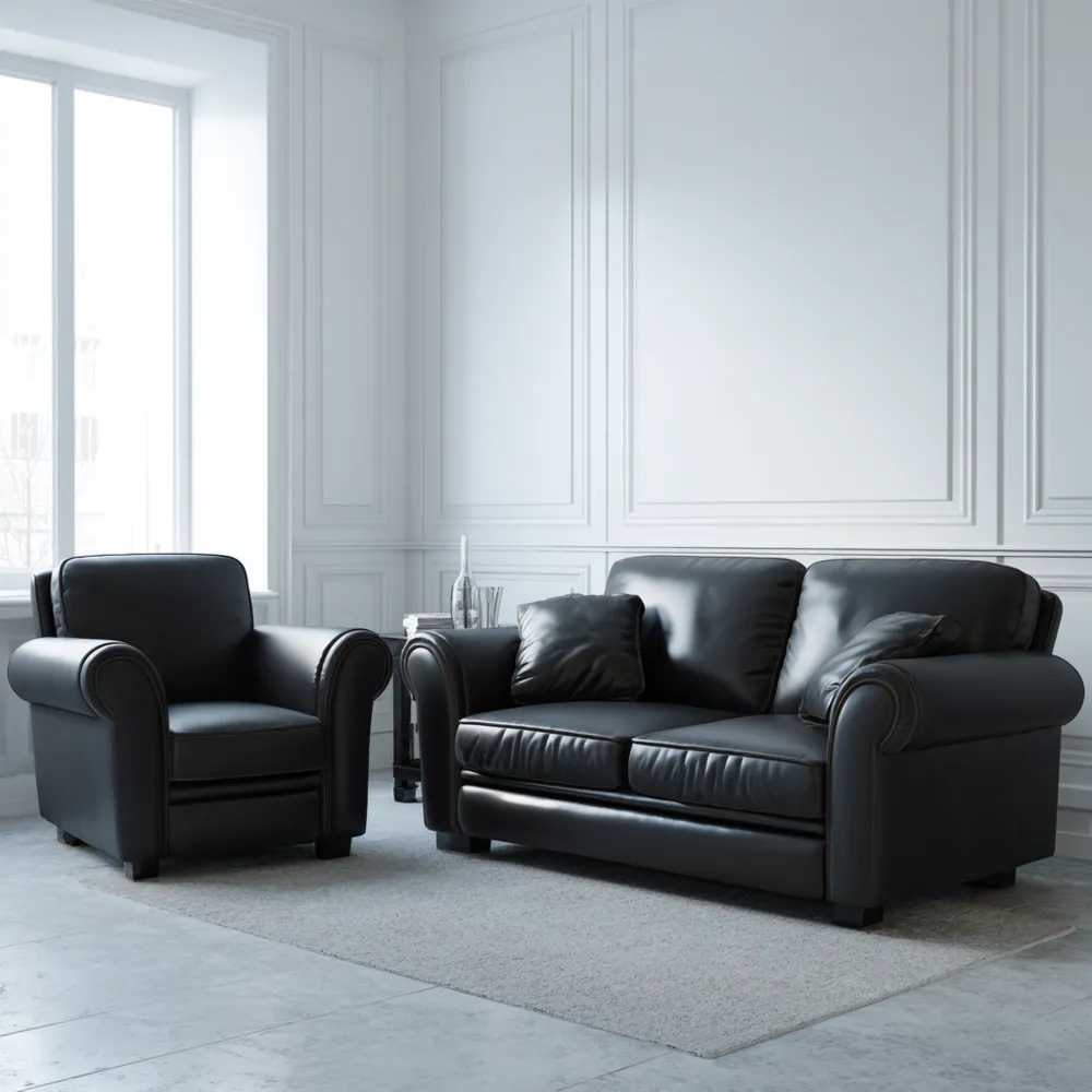 Sofa-Set Leder 2-Sitzer und Sessel – Schwarz – Klassisches Design 200x