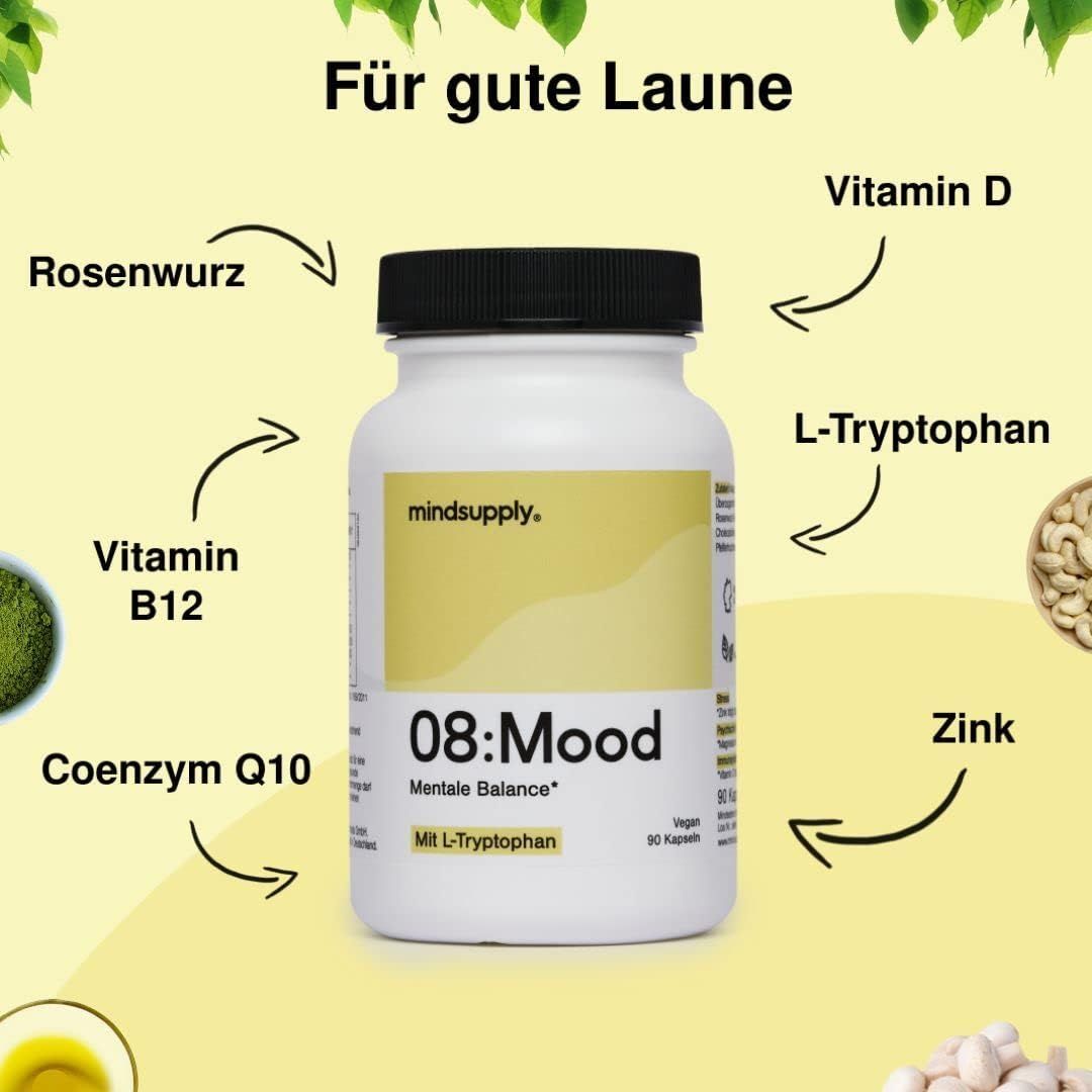 mindsupply MOOD - Anti-Stress Kapseln mit L-Tryptophan, Coenzym Q10, Vitamin D und Rosenwurz