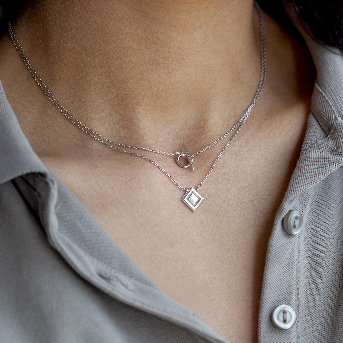 Collier argent 925, motif losange perlé 45 cm