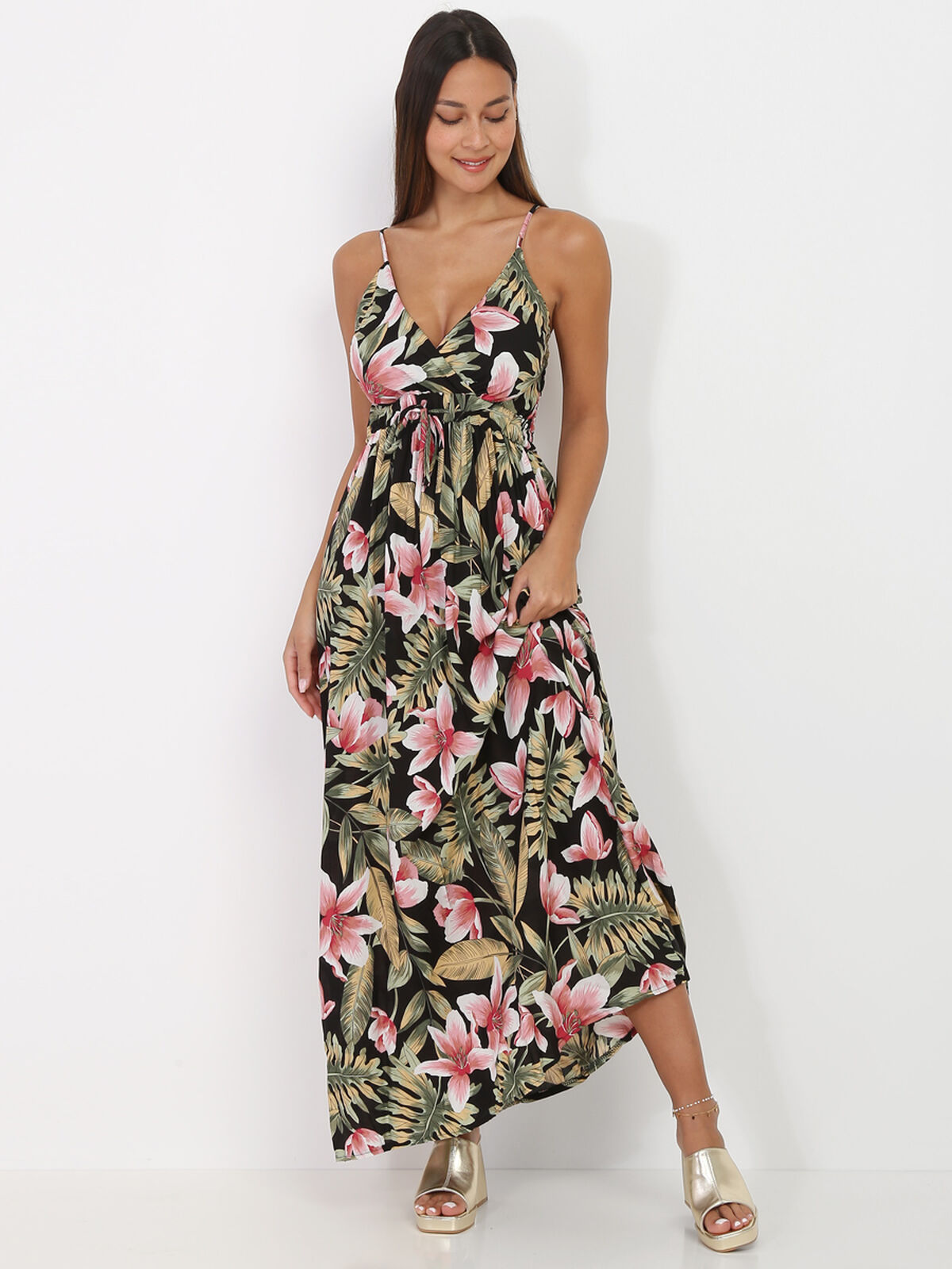 Robe longue à motif tropical- Noir