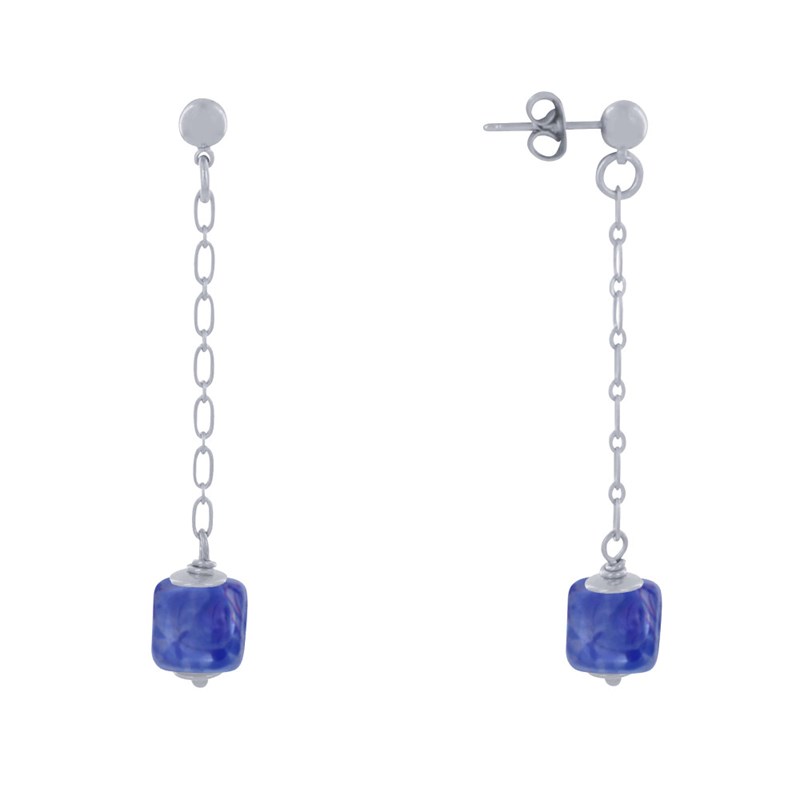 Boucles d'Oreilles Chainette Laiton Argenté et Cube en Céramique