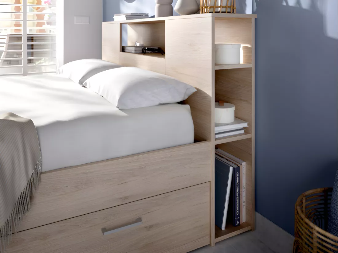 Lit avec tête de lit rangements et tiroirs - 160 x 200 cm - Coloris : Naturel + Sommier - LEANDRE