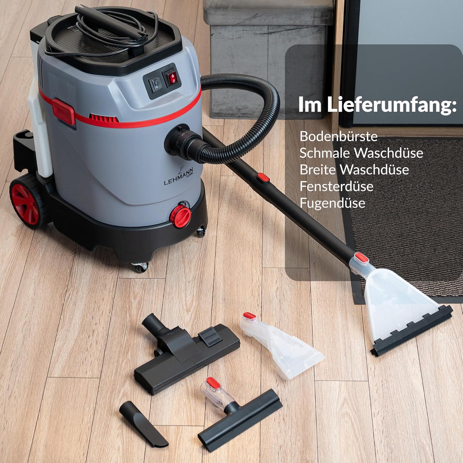 LEHMANN Primewash 2800 Waschsauger, Profi Teppichreiniger & Polsterreiniger mit Heißwasser 60°C, Nass- & Trockensauger mit 35 L Tank, Sprühextraktionsgerät für Textilien & Böden, Grau