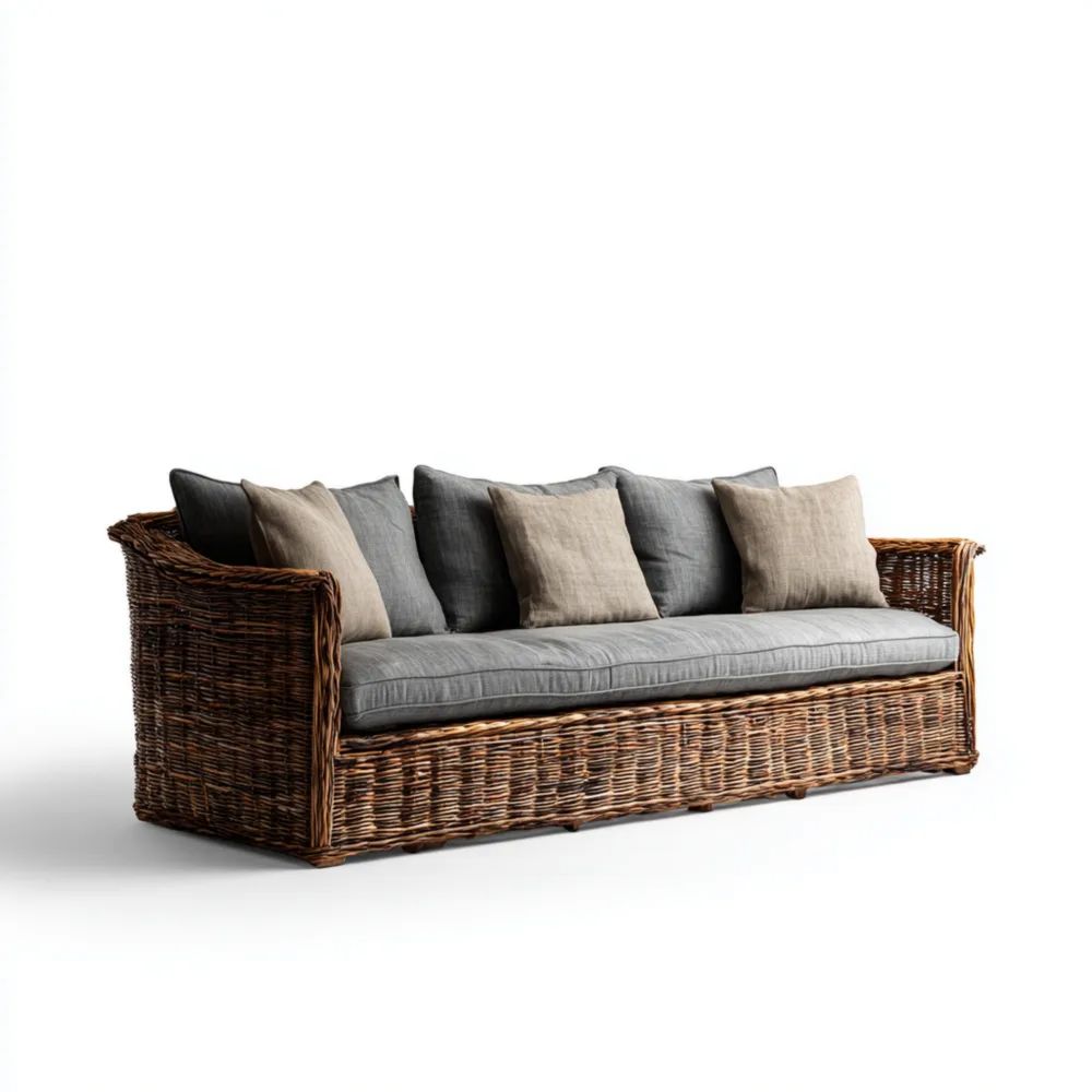 3-Sitzer Rattan-Gartensofa mit Kissen – 210x85x75 cm – Braun/Grau