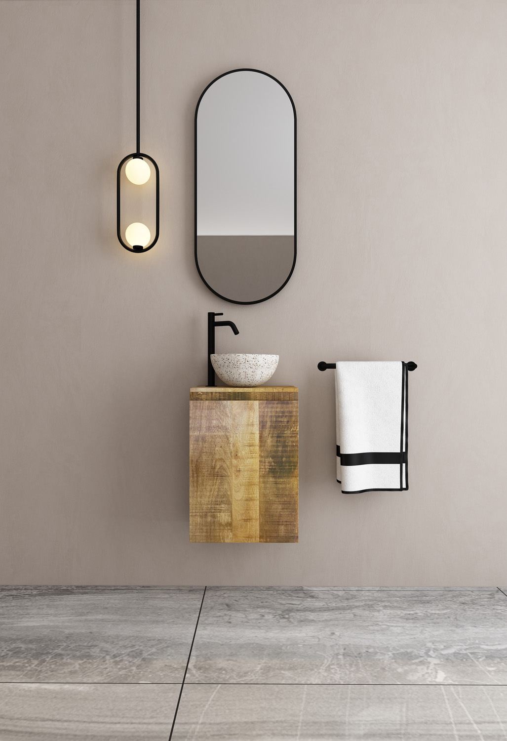 MD Interior Bello toiletmeubel mangohout met zwart-witte terrazzo waskom rechts