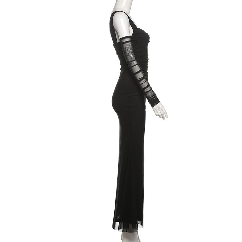 HERMITAKH - Lange mouw off-shoulder effen geplooide mesh maxi zeemeerminjurk
