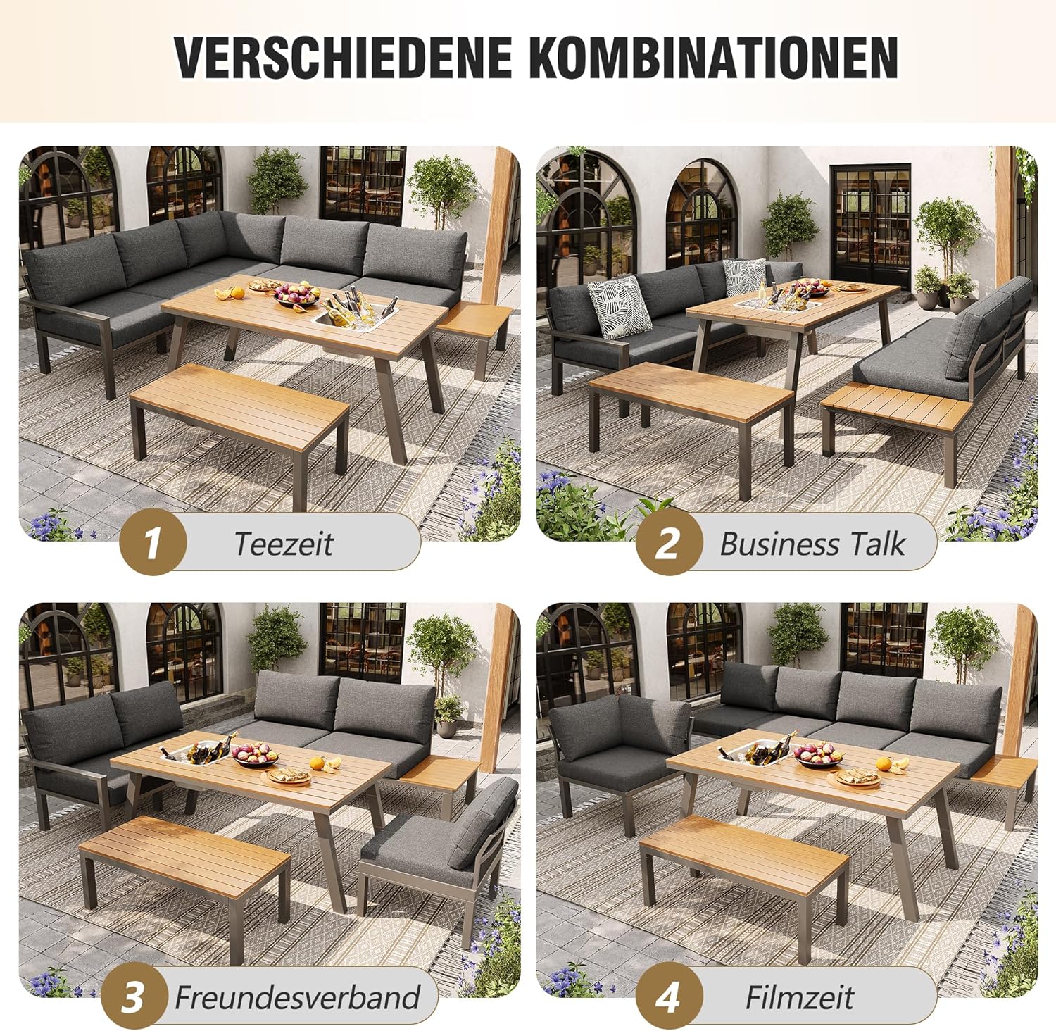 Merax Gartenmöbel Set 6-7 Personen, Lounge Sitzgruppe Outdoor mit Sofatisch & Bank, Ecksofa-Set aus verzinktem Eisen & Holz, für Garten Balkon Terrasse, inkl. Kissen, wetterfest Gartenlounge Set, Grau