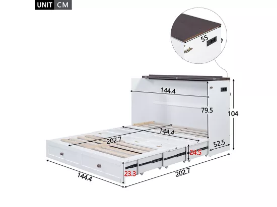 Armoire lit 140 x 200, avec tiroirs au bout du lit et étagères à la tête du lit, avec USB et prises, blanc