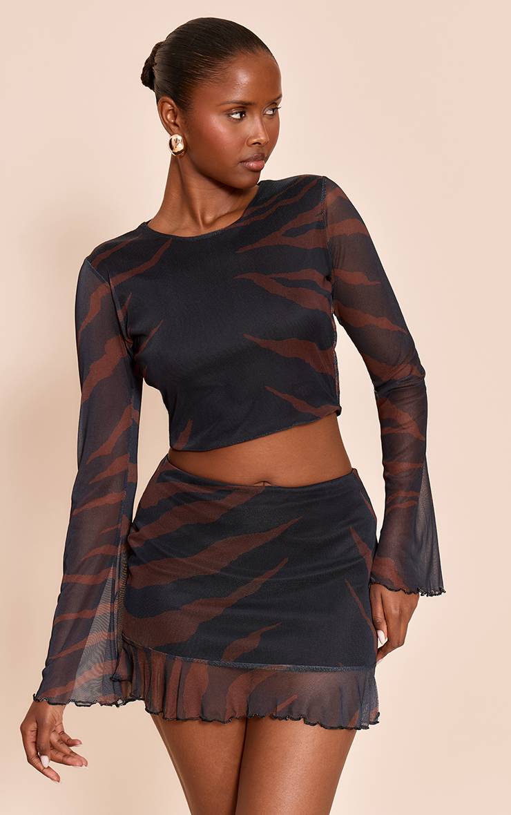 Noir Ensemble Jupe Mini En Mesh À Imprimé Abstrait Avec Ourlet À Volants