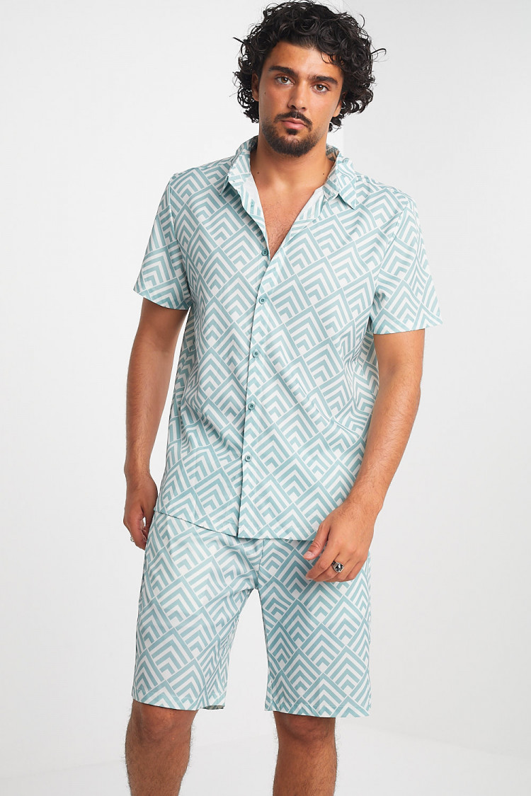 Ensemble 2 pièces chemise + short vert à motif géométrique
