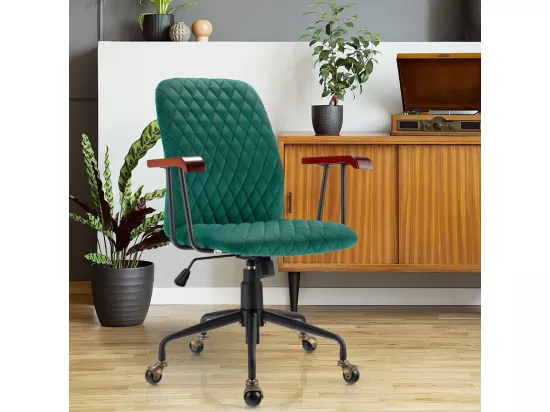 Fauteuil de Bureau à Roulette en Velours, Chaise Pivotante Réglable,Style Vintage Elégant,Accoudoirs en Bois de Caoutchouc, Vert