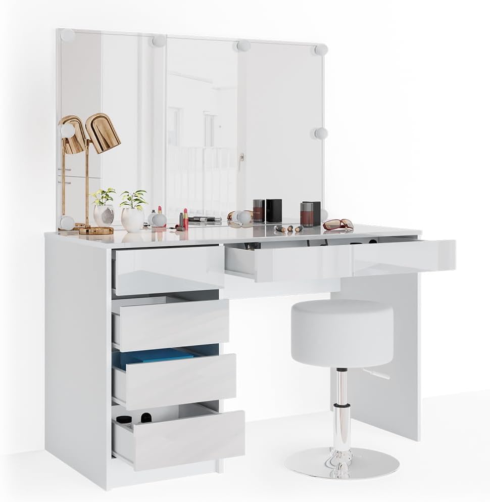 Vicco Schminktisch Sherry, Weiß, 120 cm mit LED Beleuchtung und Hocker