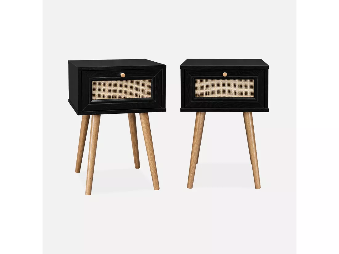 Lot de 2 tables de chevet effet bois noir et cannage avec 1 tiroir