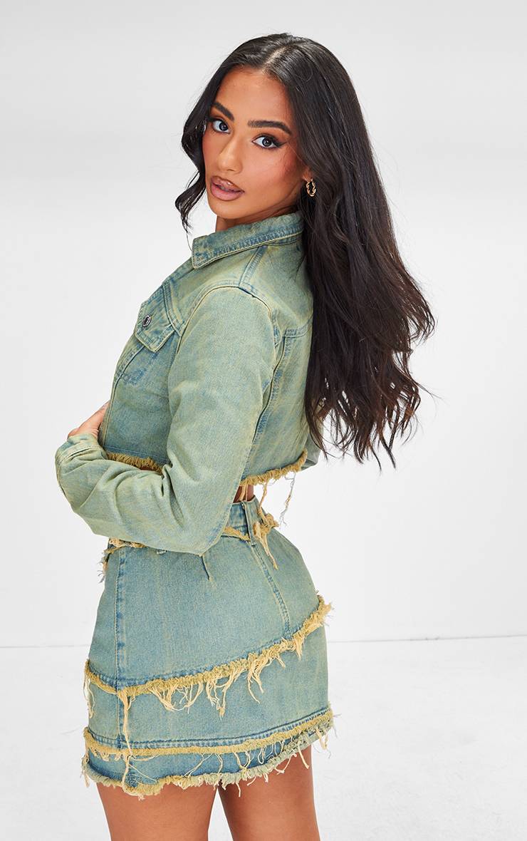 Vintage Bleach Wash Veste Courte Ajustée En Denim Délavé À Col Ouvert Petite Taille