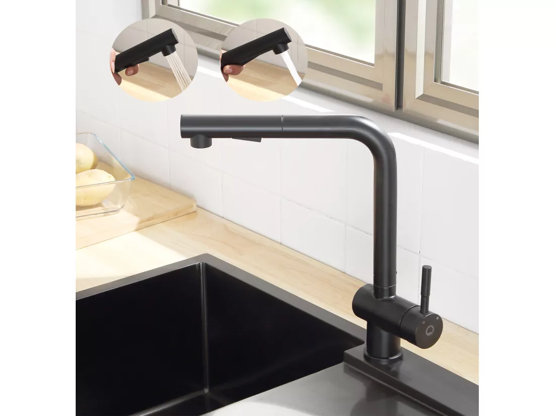 CECIPA MAX Evier 1 Bac en Quartz et Résine Noir Gris 55*44*20cm + Robinet Cuisine avec Douchette Extractible, Mitigeur d'évier Noir