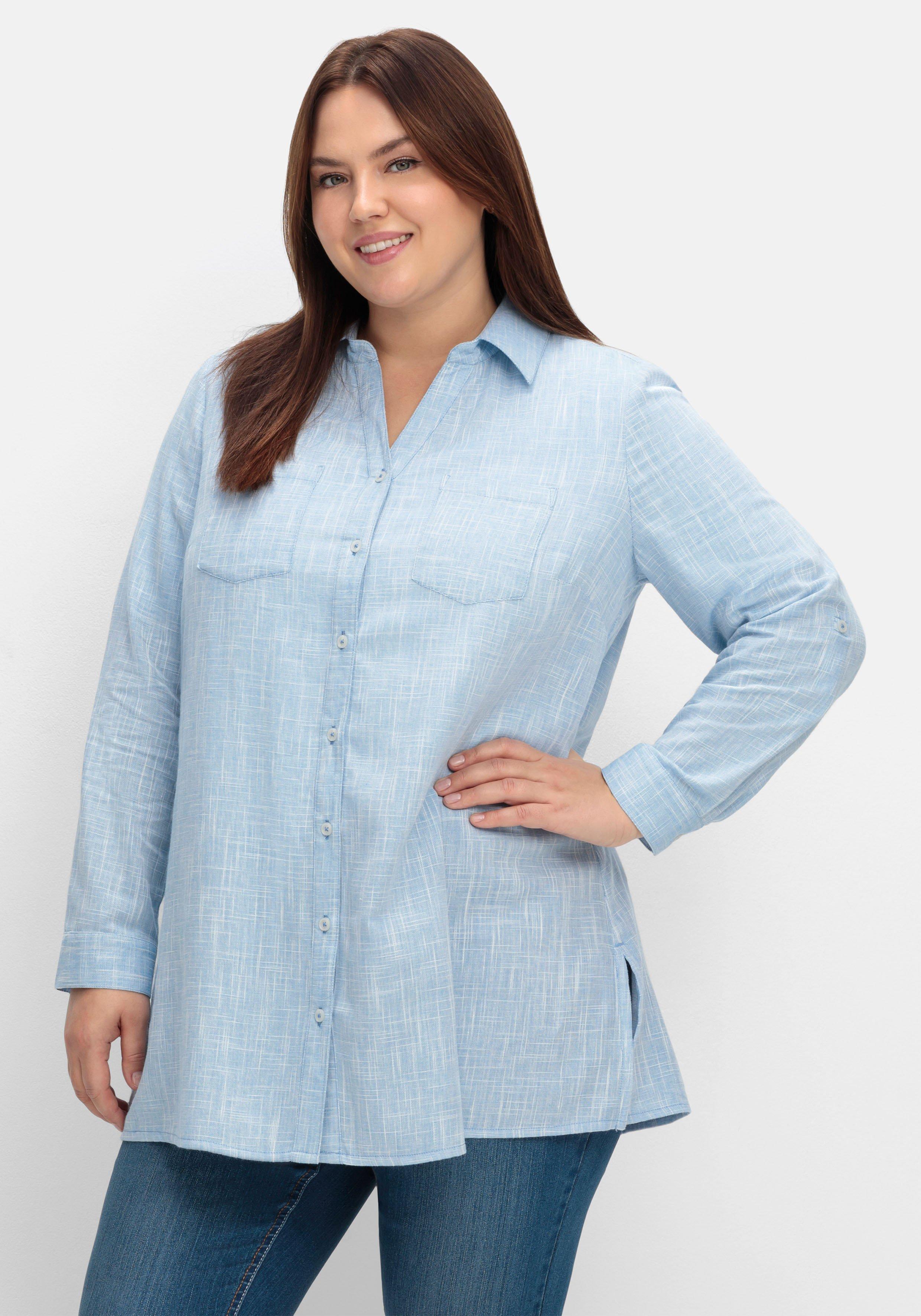 Lange Bluse mit Krempelärmeln, in Leinenoptik