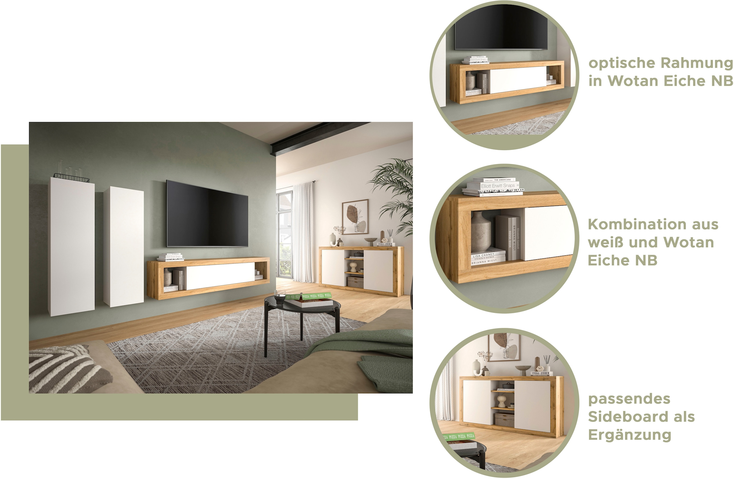 INOSIGN Lowboard »Trinity, Breite 180 cm, stehend und hängend, 1 Klappe,« 2 offene Fächer, grifflose Fronten, TV-Möbel, TV Schrank, Hängeschrank