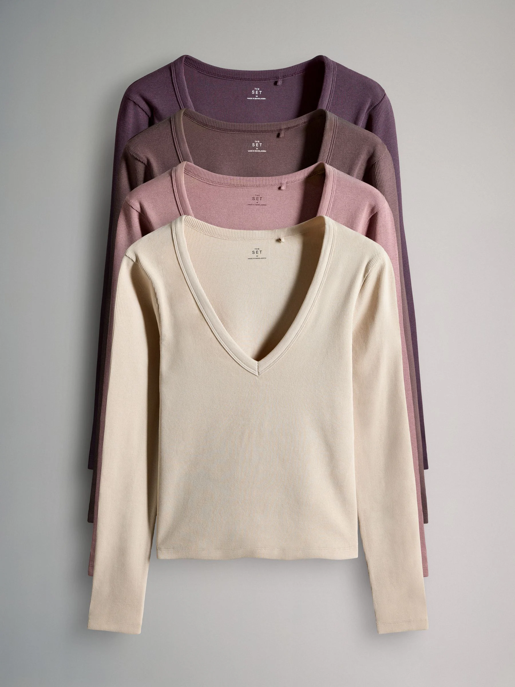 Paars/Bruin/Roze/kiezelkleurig - The Set 4 Pack V-Neck Ribbed Long Sleeve T-Shirts
