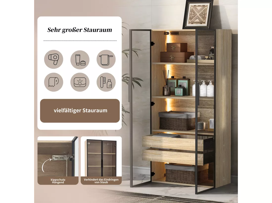 Ensemble de 2 Meubles de salle de bain avec LEDs - 148 x 36 x 155 cm - 4 grands tiroirs et 4 portes vitrées - bois MDF - naturel