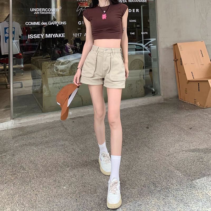 Coline - Hoge taille denim cargo shorts met wijde pijpen