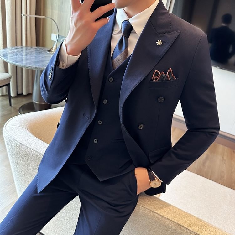Blueforce - Set: Effen dubbelrijs blazer + vest + pantalon
