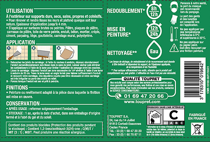 Enduit tous supports Toupret 1,5kg spécial pièces humides