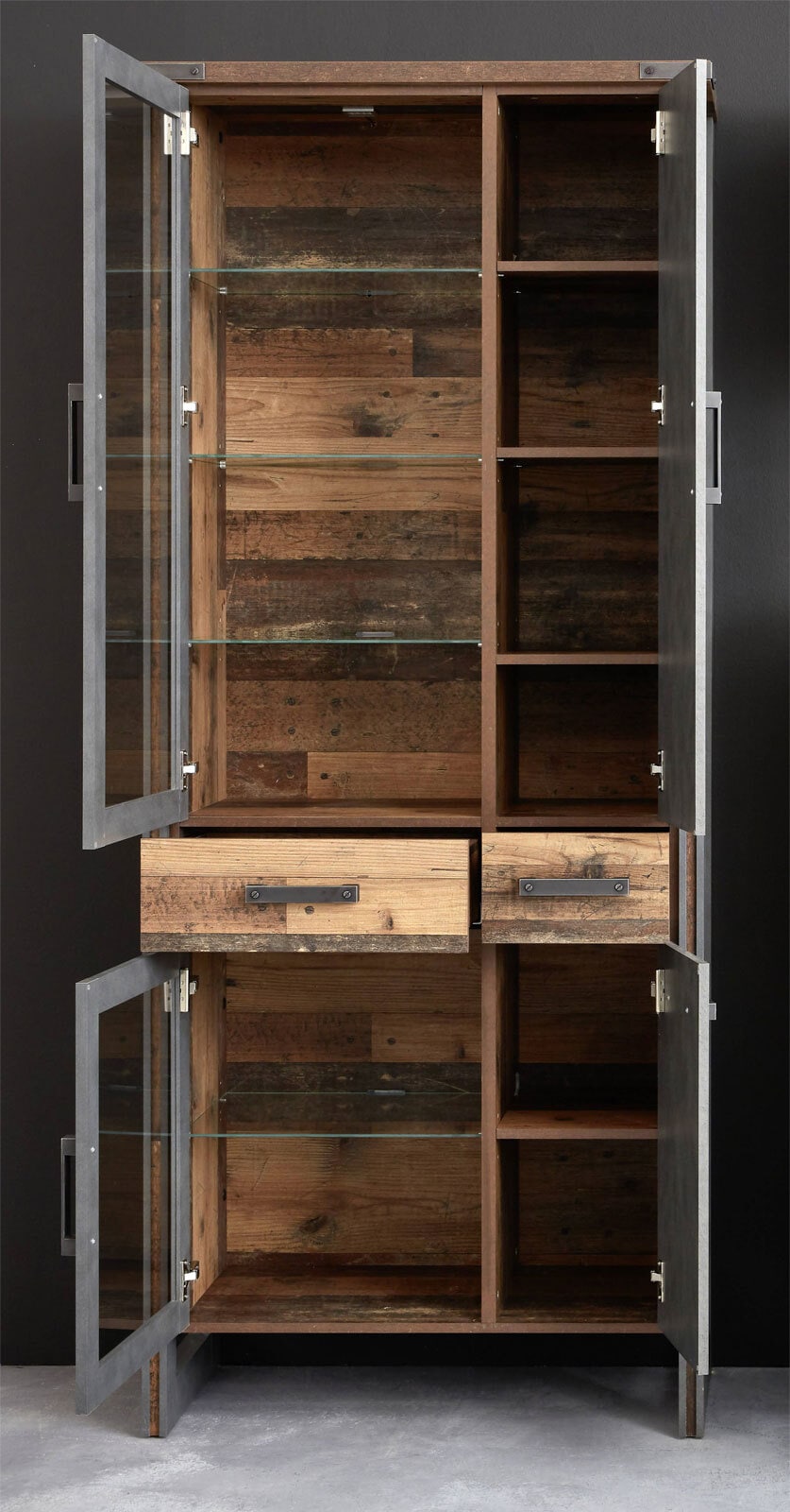 Vitrine Prime Grau/Braun Matera Old-Wood-Optik 89 x 212 x 42 cm