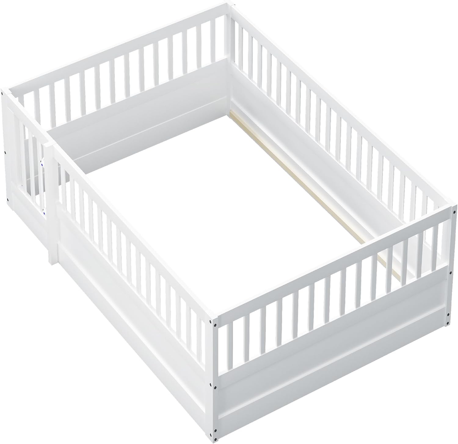 Kinderbett 140x200 cm, Bodenbett mit Gitter und Tür, Holzbett Bettgestell ohne Lattenrost, Bett für Kinder Jungen Mädchen (Ohne Matratze) Weiß