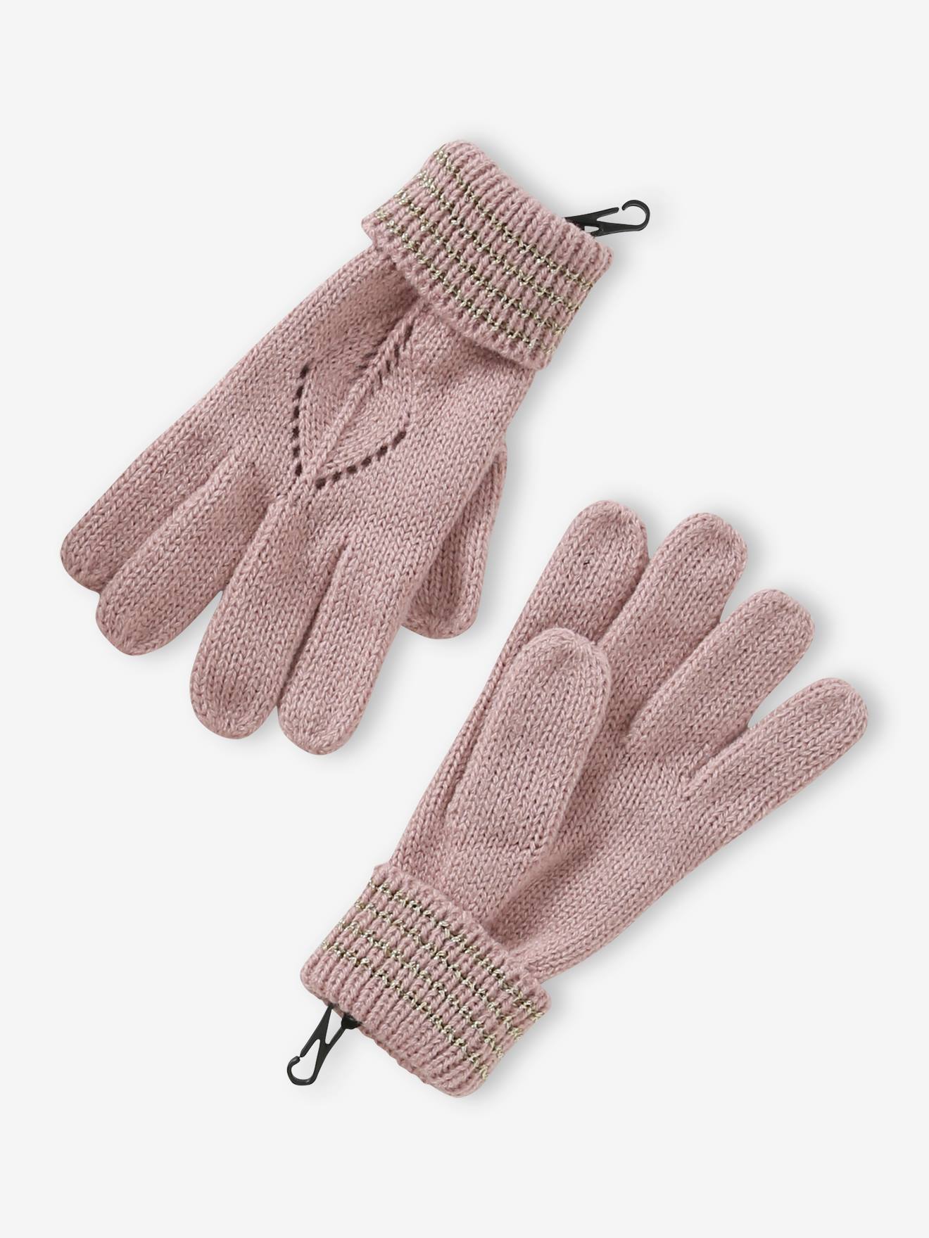 Look feminino: boina + cachecol + luvas ou mitenes de tricô vazado com forro rosa fantasia na cor da maquiagem