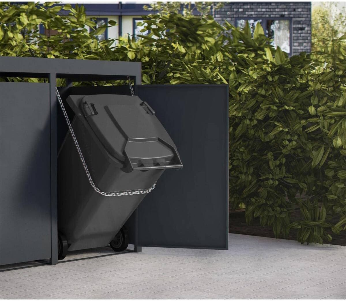 Metzler Mülltonnenbox in Anthrazit mit Pflanzdach 2er 240L, Mülltonnenverkleidung 2 Tonnen, witterungsbeständiger und pulverbeschichteter Stahl mit Automatikdeckel, abschließbar, Garten- und Müllbox