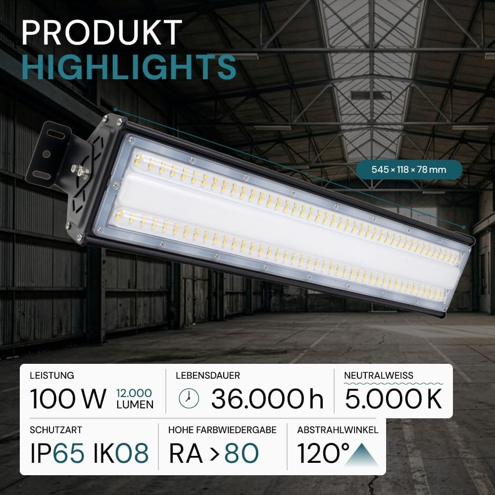 LUXULA LED Hallenleuchte High-Bay Hallenstrahler mit Marken-LEDs 2 Stück - 100W 12000lm - 5000K Neutralweiß Tageslicht - IP65 IK08 - linear - Industrielampe Lager Deckenleuchte Feuchtraumleuchte