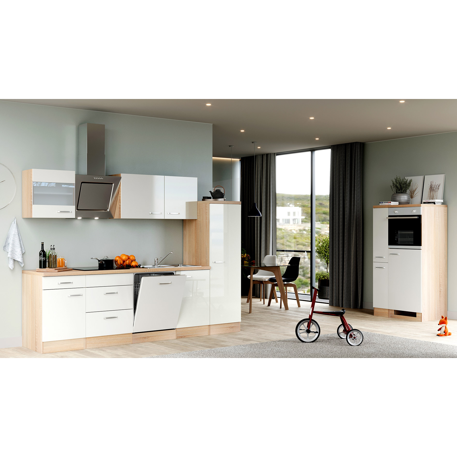 Küchenblock VALERO - weiß Hochglanz - Sonoma Eiche - mit E-Geräten - 360 cm