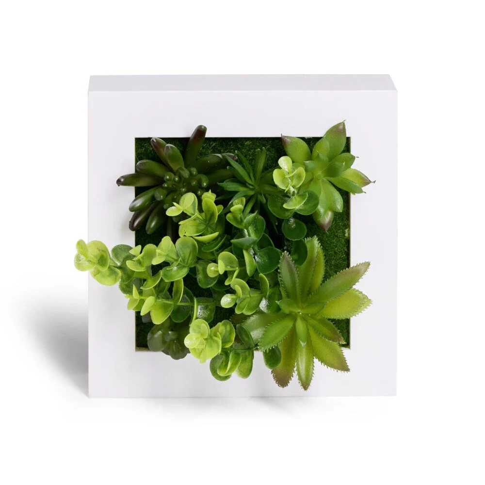 Plante artificielle décoration murale cadre bois noir 20x20cm