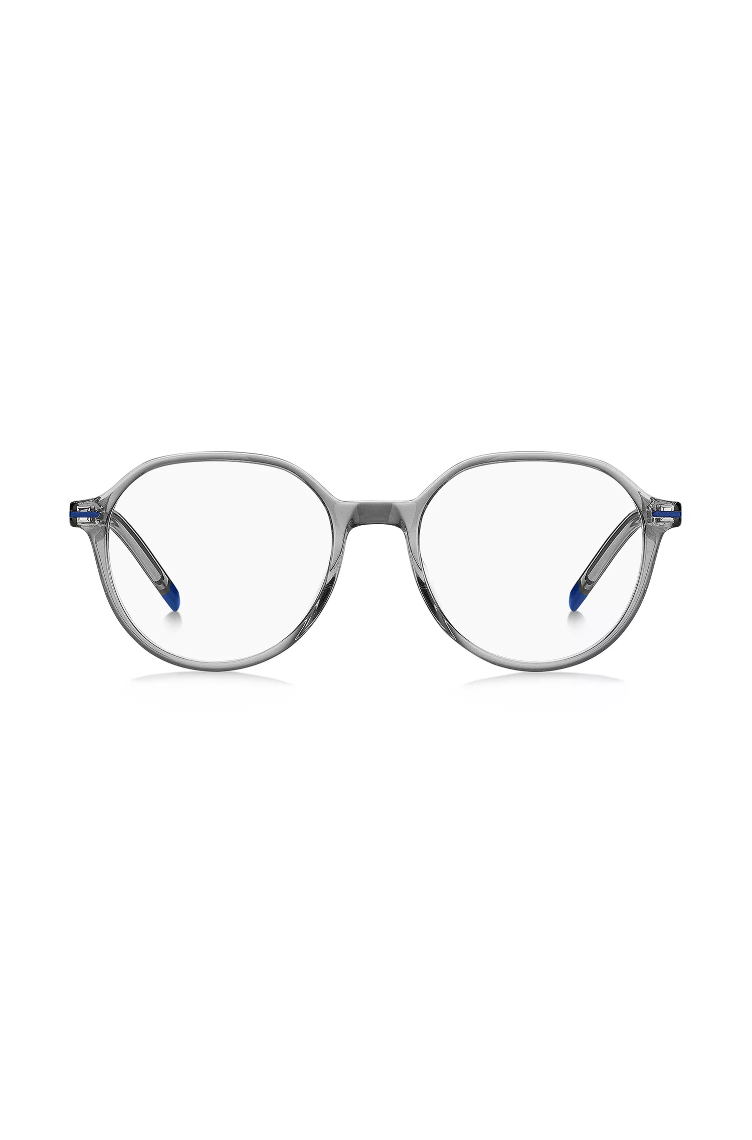 Armação de óculos HUGO em acetato vermelho-cinza com detalhes em azul.