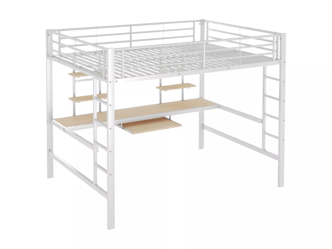 Lit mezzanine 140x200cm - avec bureau et étagères - cadre en métal - Blanc