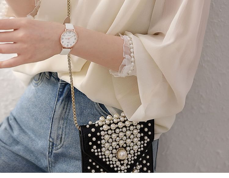 malabar - Blouse met lange mouwen en een mockneck, effen volantrand en imitatieparels