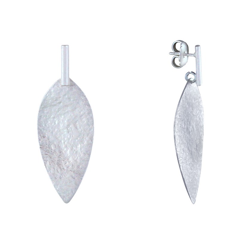 Boucles d'Oreilles Laiton Argenté Tige et Feuille Martelée