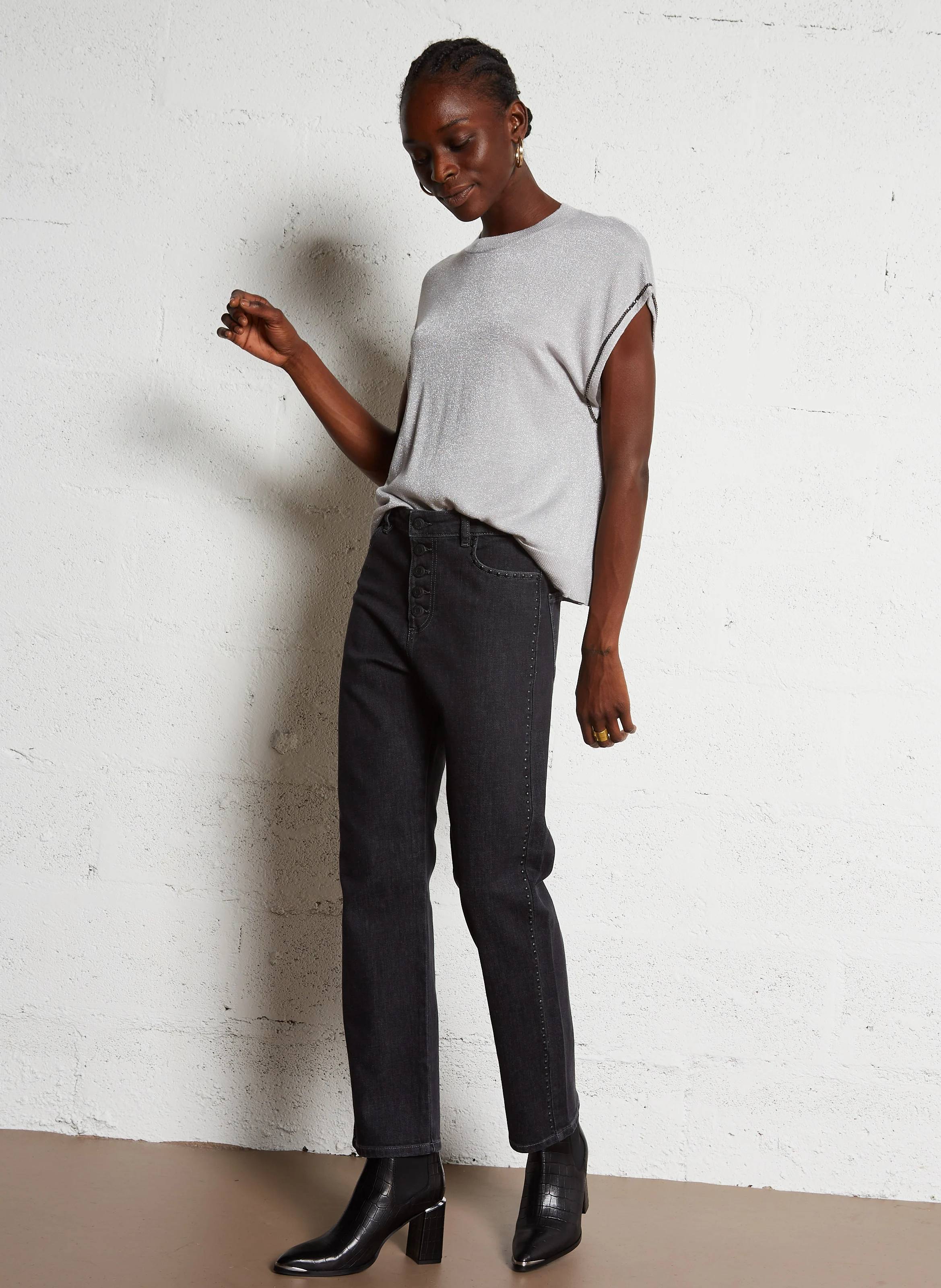 Pull col rond métallisé | Gris